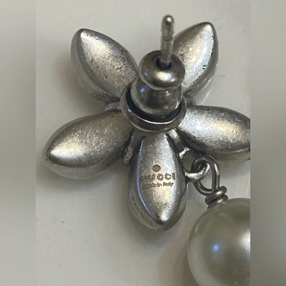 Mismatched Gucci 925 Silver Crystal & Pearl Asymmetrical Drop Earrings - Picture 4 of 6